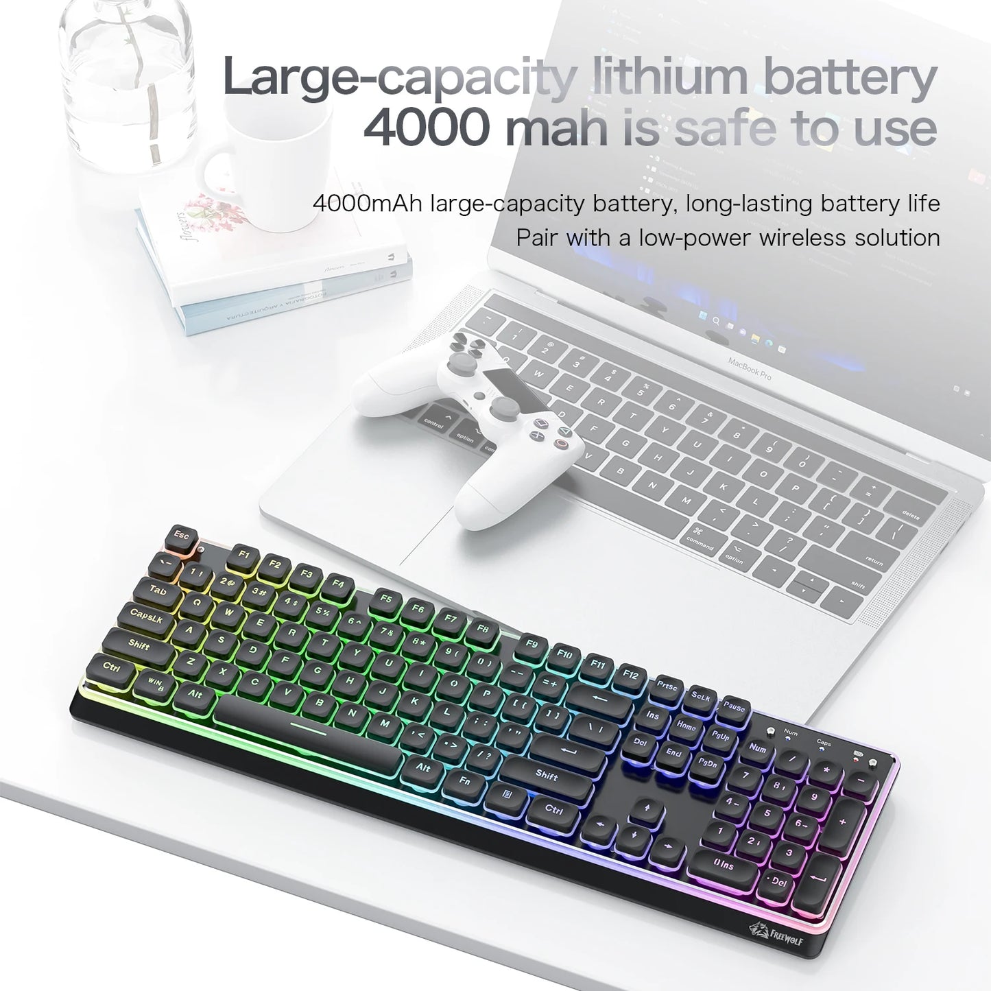 Freewolf M104 Tri-Mode Wireless Keyboard RGB 104 Keys Ultra Slim Quiet Membrane 4000mAh Large Battery for Office&Home