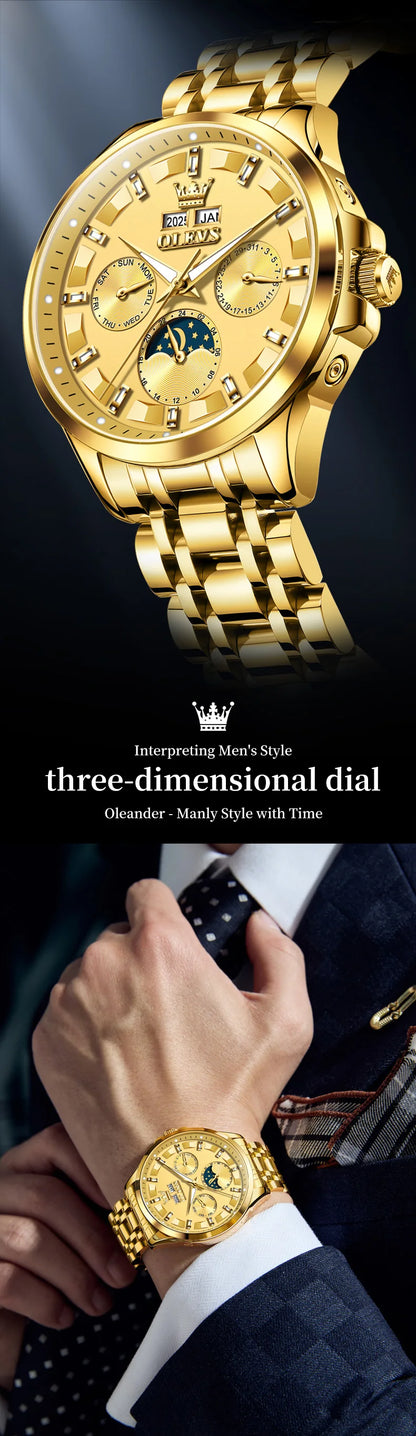 OLEVS 7070 Automatic Men's Watches Luxury Multi functional  Perpetual Calendar Moon Phase Luminous Mechanical Wristwatch For Man