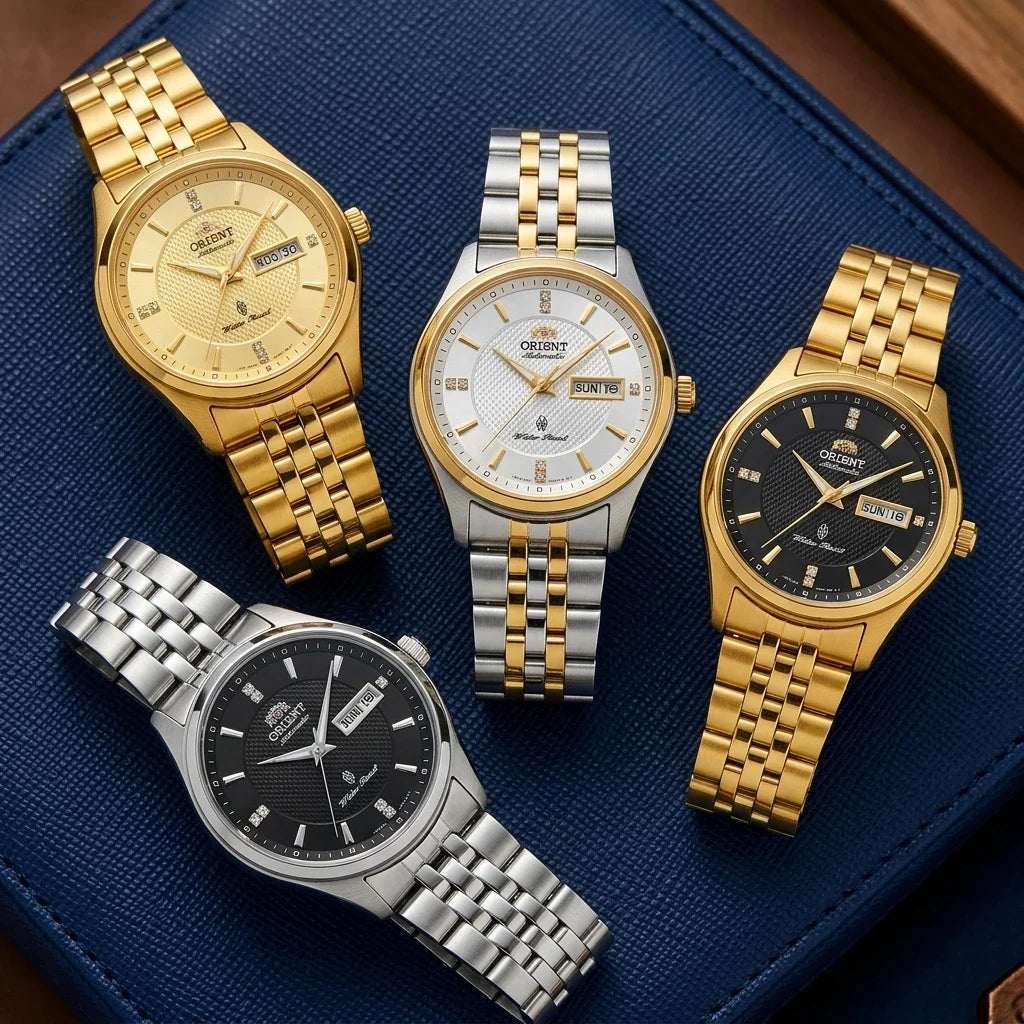 Montre mécanique automatique pour homme Orient, avec double calendrier (date et jour de la semaine), index en cristal et bracelet en acier inoxydable – Montre-bracelet de style professionnel
