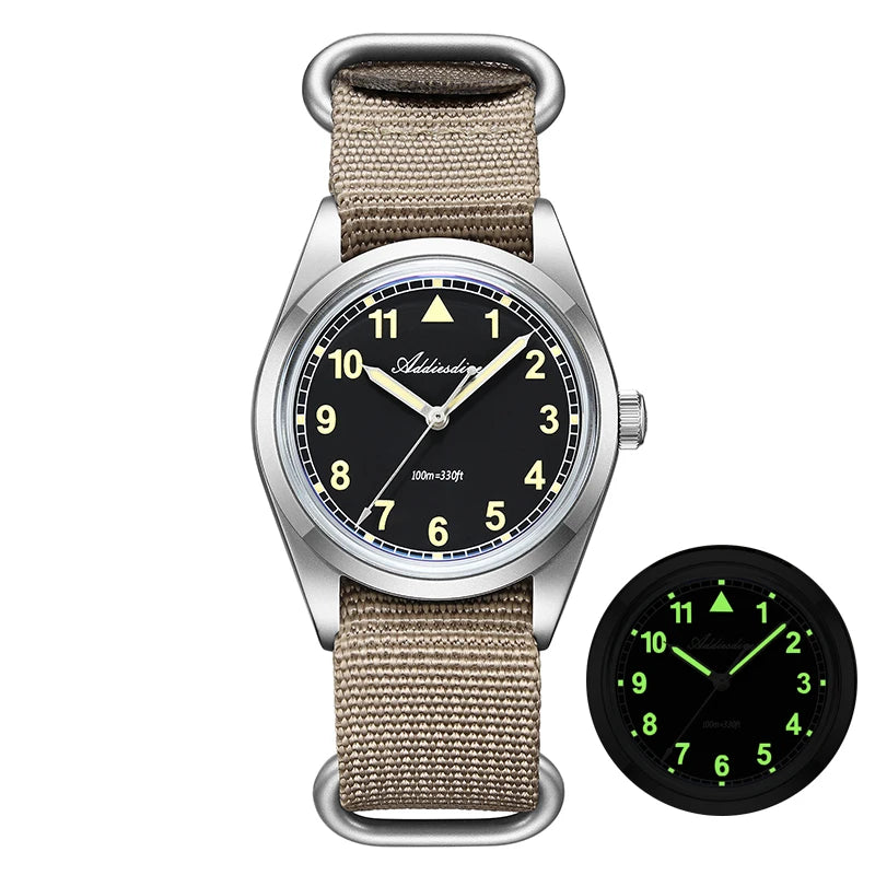 Orologio analogico da uomo ADDIESDIVE 36mm con vetro a specchio bombato, impermeabile 100m, luminoso, semplice, al quarzo, con cinturino in nylon