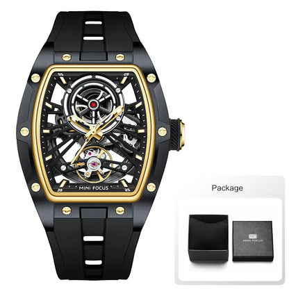 MINI FOCUS Herren-Armbanduhr, modisch, schwarz, wasserdicht, automatische mechanische Uhr mit Leuchtzeigern, Silikonarmband und Tonneau-Zifferblatt