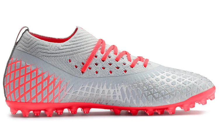 Chaussures de football Puma Future 4.2 Netfit, bout rond, à lacets, multi-sol, basses, MG, grises et rouges, 105681-01