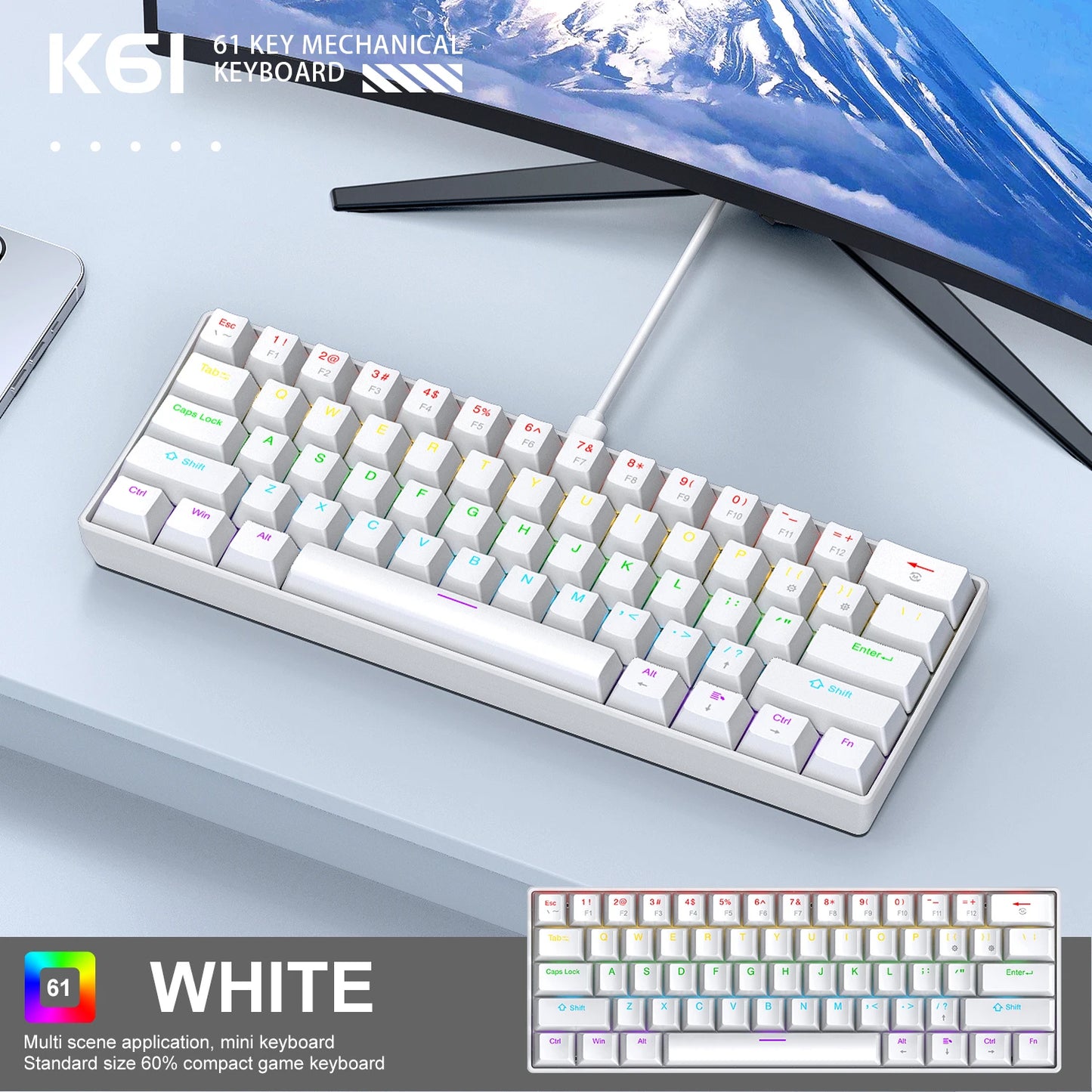 APAYADO K61 60% Mini bedraad mechanisch gamingtoetsenbord Phantom RGB, 61 toetsen, red/blue switch, ergonomisch, draagbaar voor pc/laptop
