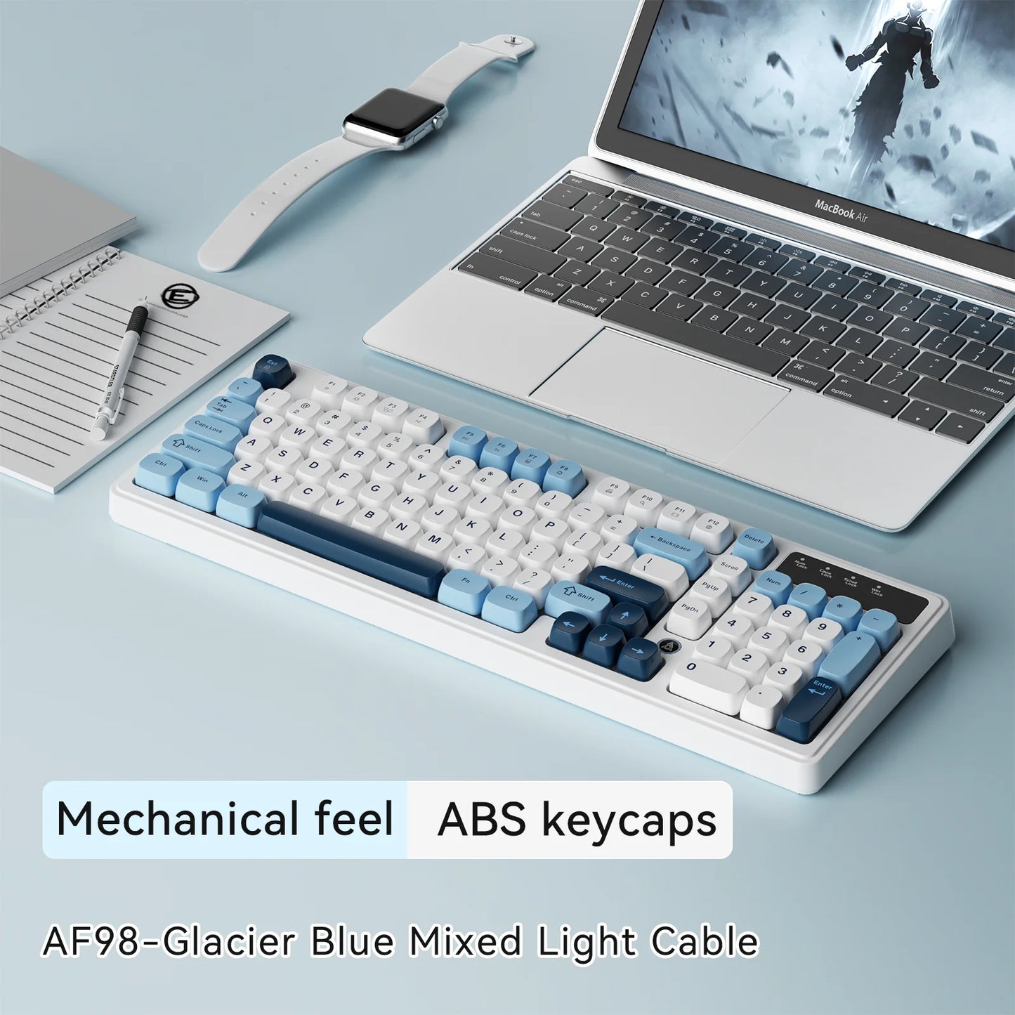 AJAZZ AF98 kabelgebundene/kabellose Tastatur mit mechanischem Tippgefühl, für das Büro, lange Akkulaufzeit, drei Modi, RGB-Mischbeleuchtung, ABS-Tastenkappen, ergonomisch