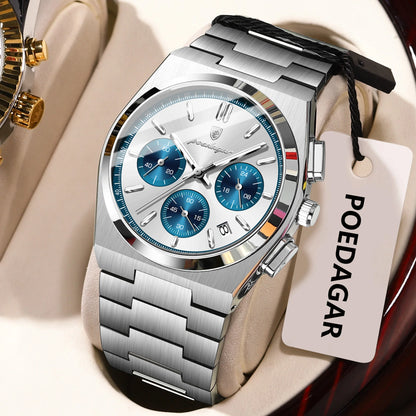 POEDAGAR Luxury Men's Watch Chronograph Date Stainless Steel Casual Man Clock Waterproof Luminous Fashion Quartz Watches For Men