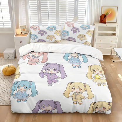 Komplet posteljnine Hatsune Miku v slogu chibi – simpatična anime posteljnina z vzglavniki za igralno sobo, dekoracija za otroško in najstniško spalnico, darilo za oboževalce