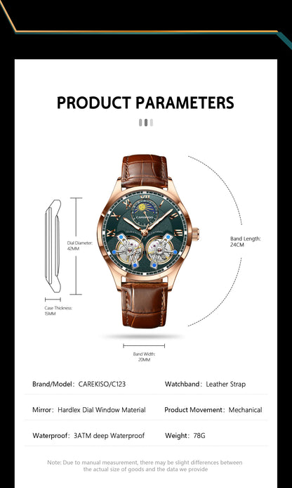 CAREKISO Fashion Men's Clock Double Hollow Tourbillon Automatic Mechanical Man Watch Waterproof Luminous Leather Men's Watches+Box