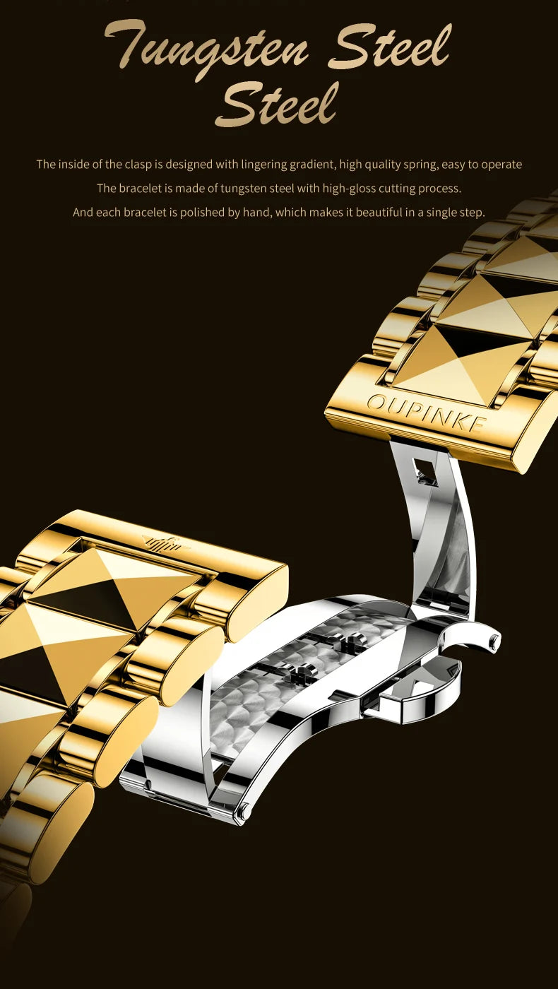 OUPINKE Herrenarmbanduhr, Top-Marke, Luxus, Gold, Wolframstahl, originale automatische mechanische Armbanduhr mit Zifferblatt im Drachenmuster
