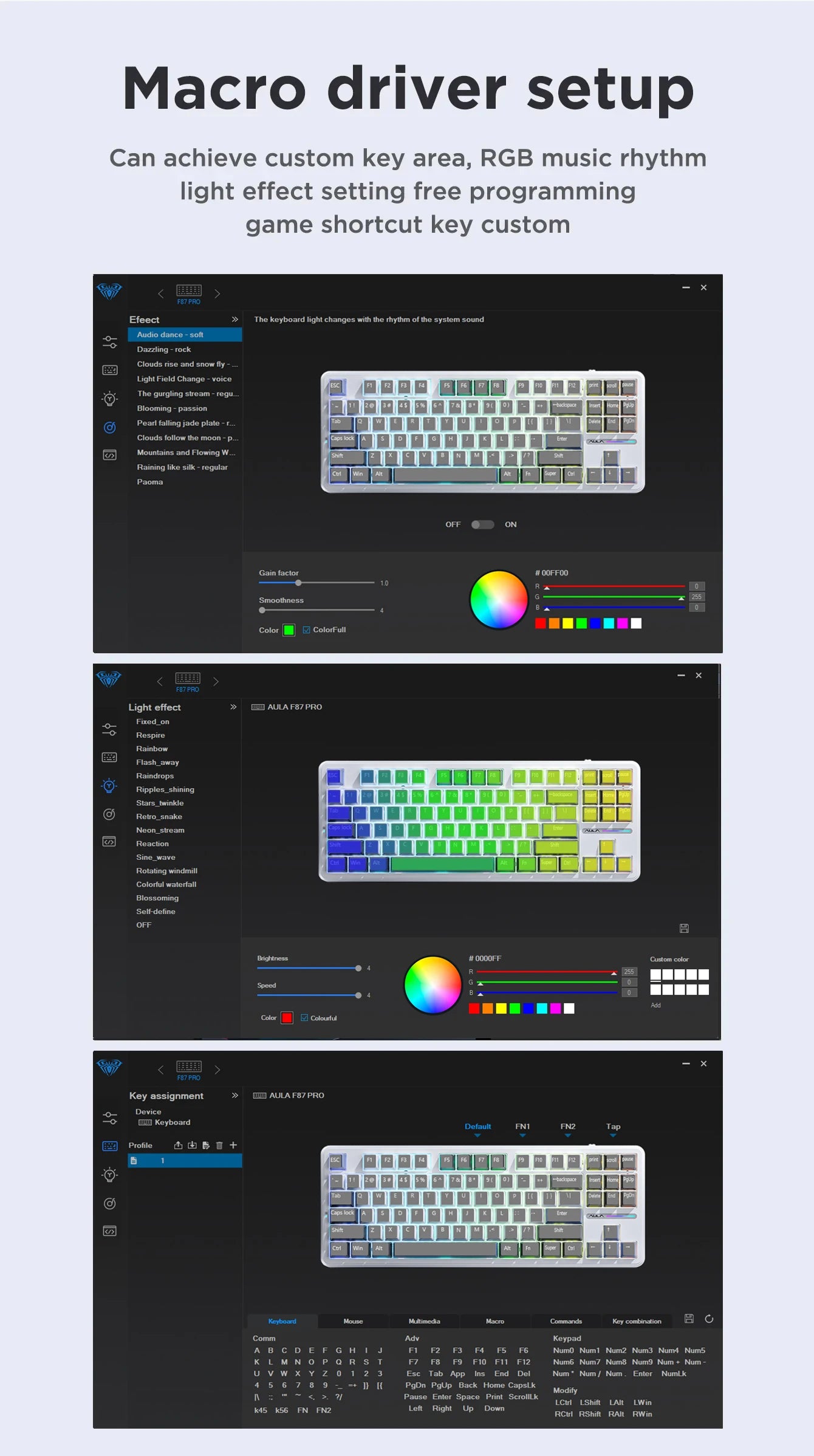 Teclado mecánico AULA F87 Pro 2.4g/USB/Bluetooth inalámbrico trimodo de 87 teclas, RGB, PBT, gasket, 5 capas de amortiguación, teclas completas sin impacto