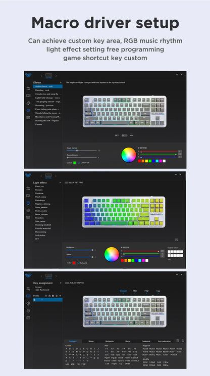 Teclado mecánico AULA F87 Pro 2.4g/USB/Bluetooth inalámbrico trimodo de 87 teclas, RGB, PBT, gasket, 5 capas de amortiguación, teclas completas sin impacto