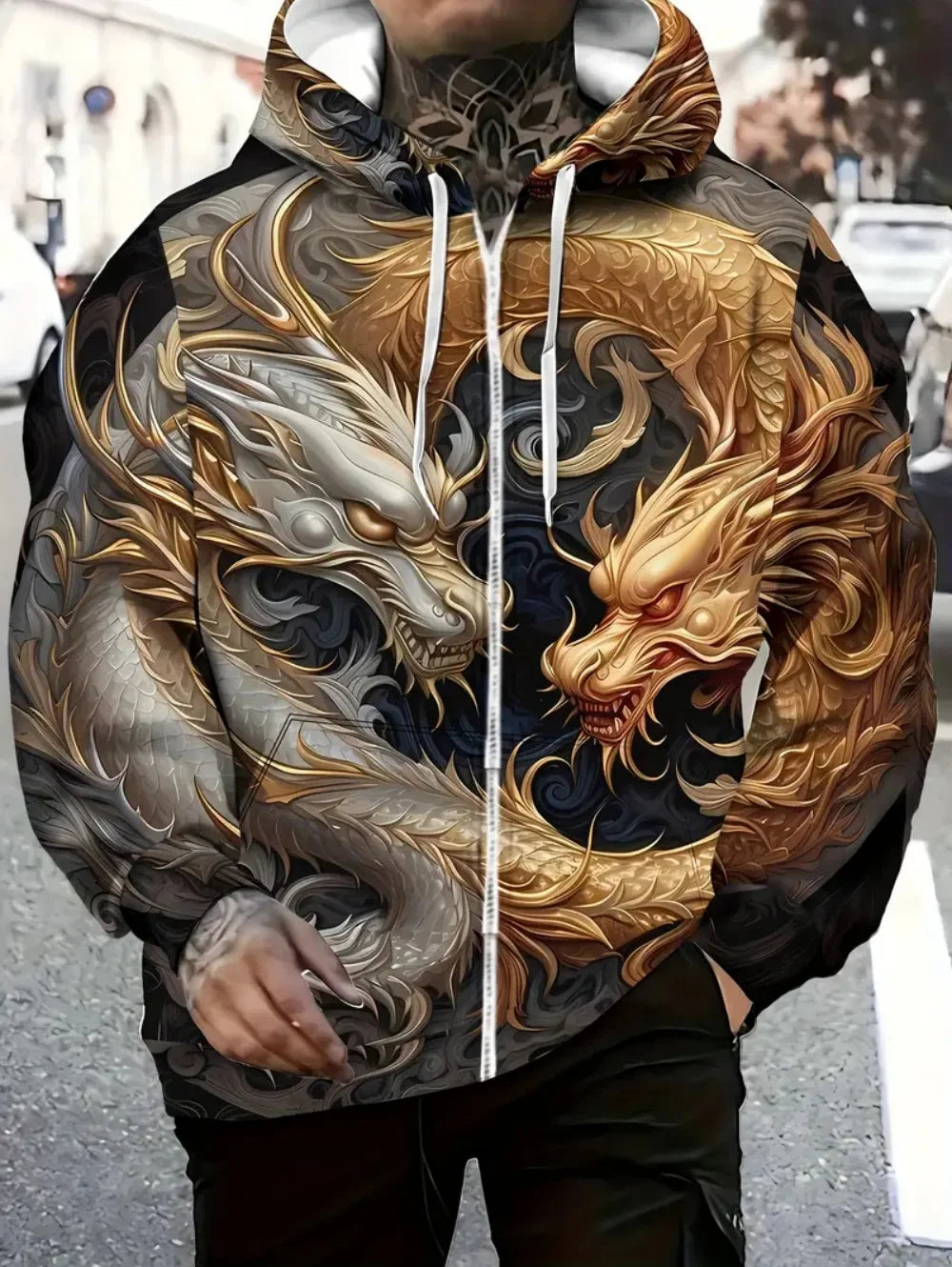 Herren-Kapuzenhoodie mit Drachenprint und Reißverschluss, für Outdoor-Aktivitäten und Reisen, mit Kordelzug, langärmelig, Herbst/Winter, Oversize-Sweatshirt für Männer