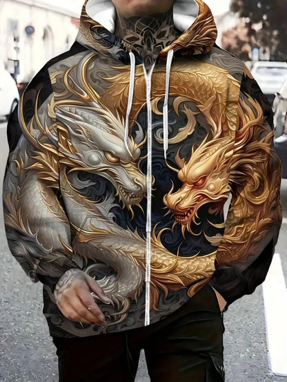 Herren-Kapuzenhoodie mit Drachenprint und Reißverschluss, für Outdoor-Aktivitäten und Reisen, mit Kordelzug, langärmelig, Herbst/Winter, Oversize-Sweatshirt für Männer