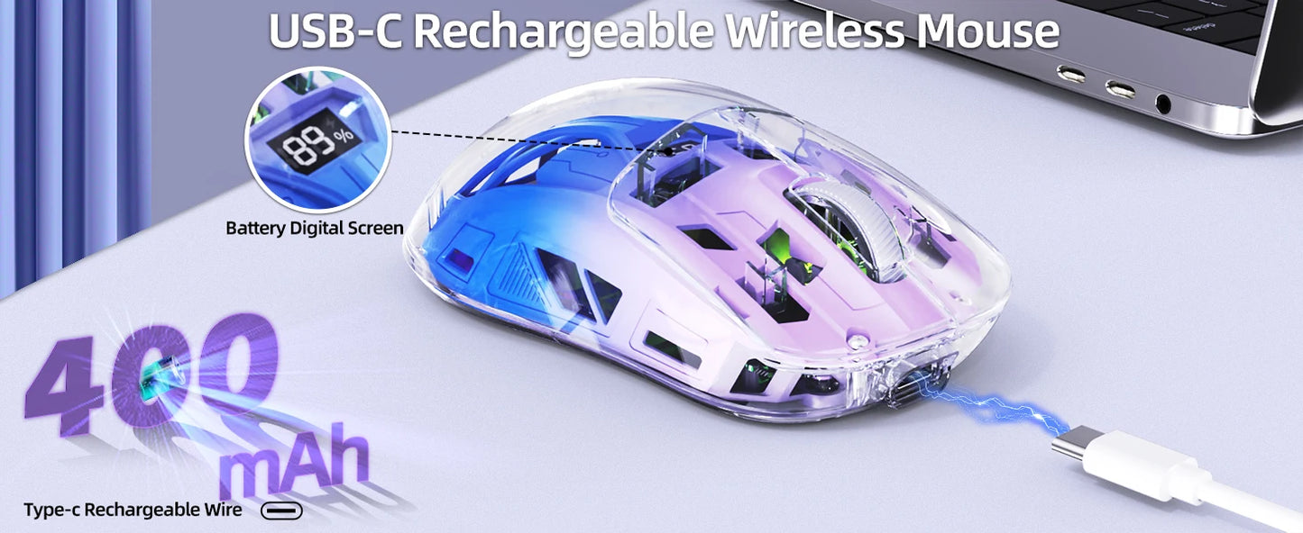 A2 Transparent Wireless Gaming Mouse, BT 5.0/2.4G PC Rechargeable RGB Mice with Digital Screen, PixArt 3212, 5 Adjustable DPI