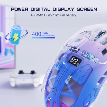 A2 Transparent Wireless Gaming Mouse, BT 5.0/2.4G PC Rechargeable RGB Mice with Digital Screen, PixArt 3212, 5 Adjustable DPI