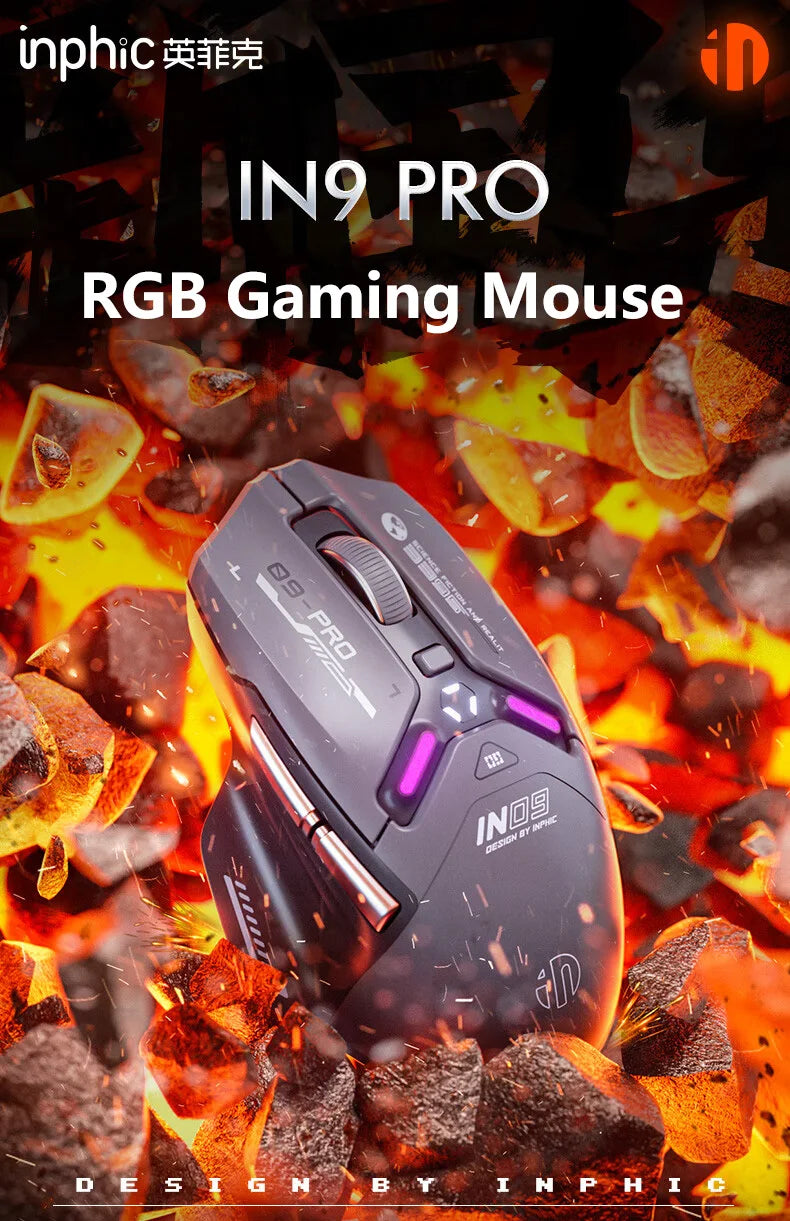 Inphic IN9PRO Wireless Gaming Mouse 26000 DPI Tri-Mode RGB Gaming Mouse, PAW3395 Sensor, Bluetooth 5.0, 2.4G & Wired, 8K Polling Rate Compatible