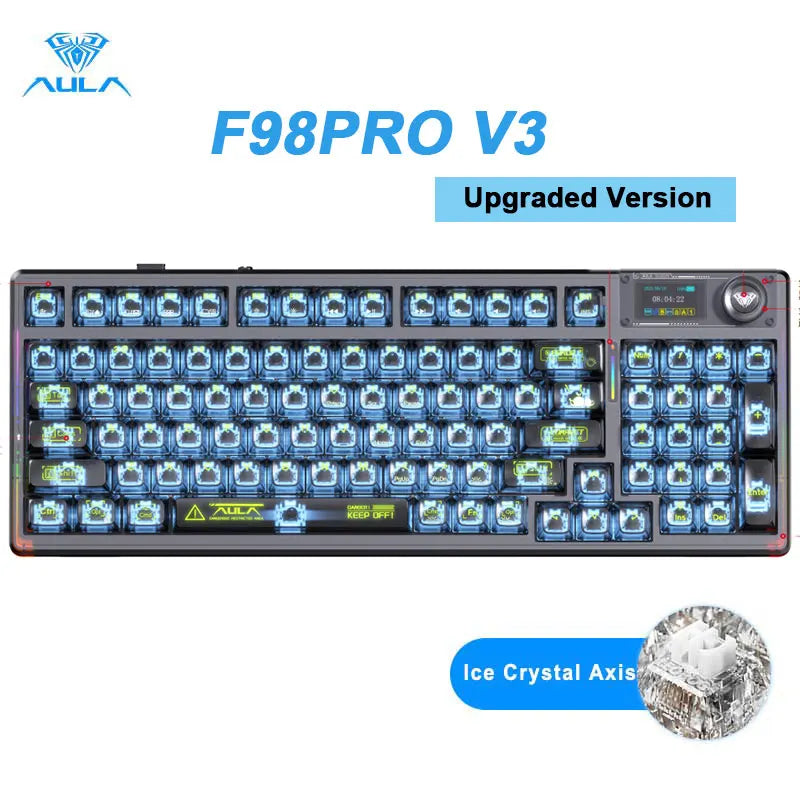 AULA F98PRO Wireless Mechanical Keyboard Transparent Keycaps RGB Backlit Custom 2.4G Hot Swappable Gaming Keyboard With Screem