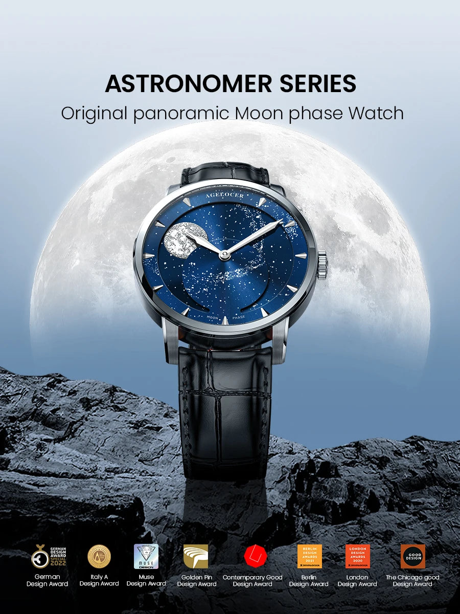 AGELOCER Original Astronomer Watch Men's Business Luxury Gold Watch Automatic Mechanical Moon Phase Watch Birthday Gift for Men