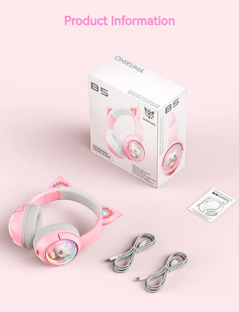 ONIKUMA B5 Wireless Gaming Headset with Cat Ears, Surround Sound Over-Ear Headphones with Microphone for PC, Laptop & Gaming
