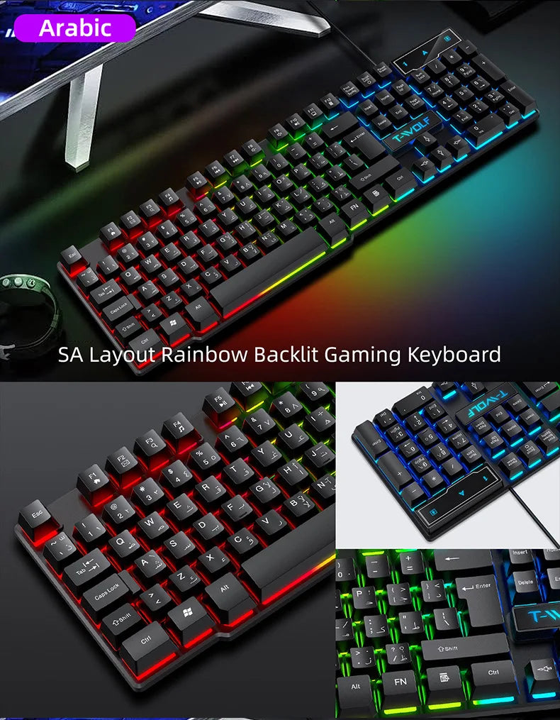 Mechanical feel Gaming Keyboard Light Backlit RGB wired keyboard USB office home media keys Russian Spanish Arabic English