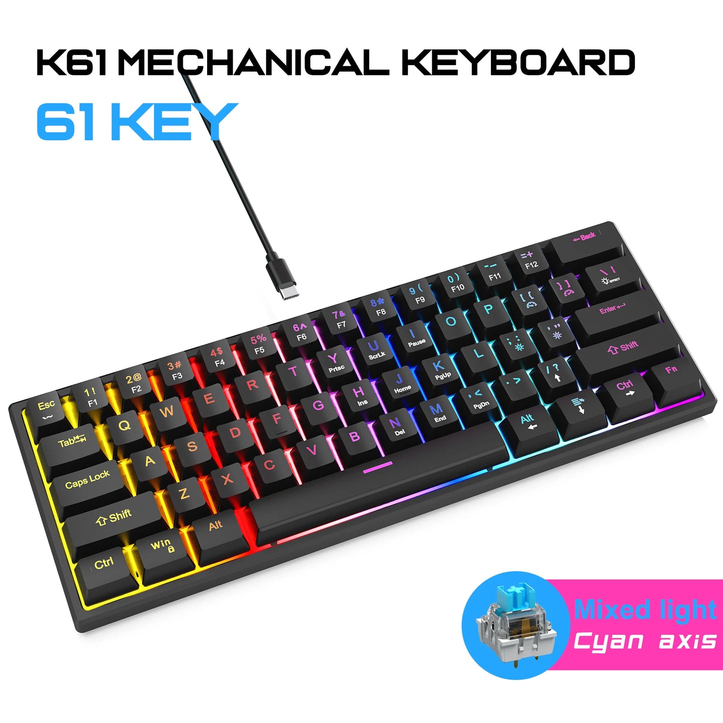 61 Keys Mini Mechanical Keyboard K61 RGB 60% Portable Wired Ergonomic Esports Gaming Keyboard for Computer Laptop Gamer Office