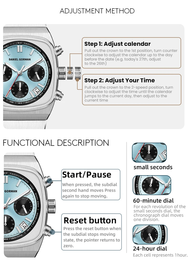 DG9008 Men Watch Original Fashion Brand Quartz Waterproof Luminous Watch For Man Three Small Dial Sport Moon Phase Watch