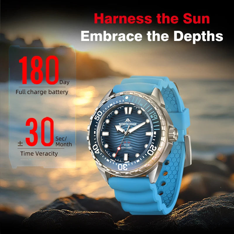 NORTH EDGE New TRITON Solar Powered Diving Watch for Man Luxury Quartz Wristwatches 316L Stainless Steel Case Waterproof 300M
