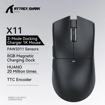 Mouse da gaming ATTACK SHARK X11 e mouse wireless X11 SE 22000 DPI, sensore PAW3311, BT/2.4G/cablato, ultraleggero 59g, 2000W clic