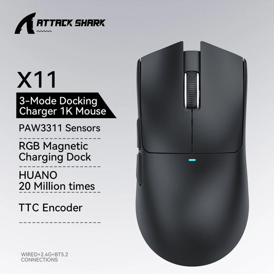 Mysz gamingowa ATTACK SHARK X11 i mysz bezprzewodowa X11 SE 22000 DPI, sensor PAW3311, BT/2.4G/przewodowa, lekka 59g, 2000W kliknięć