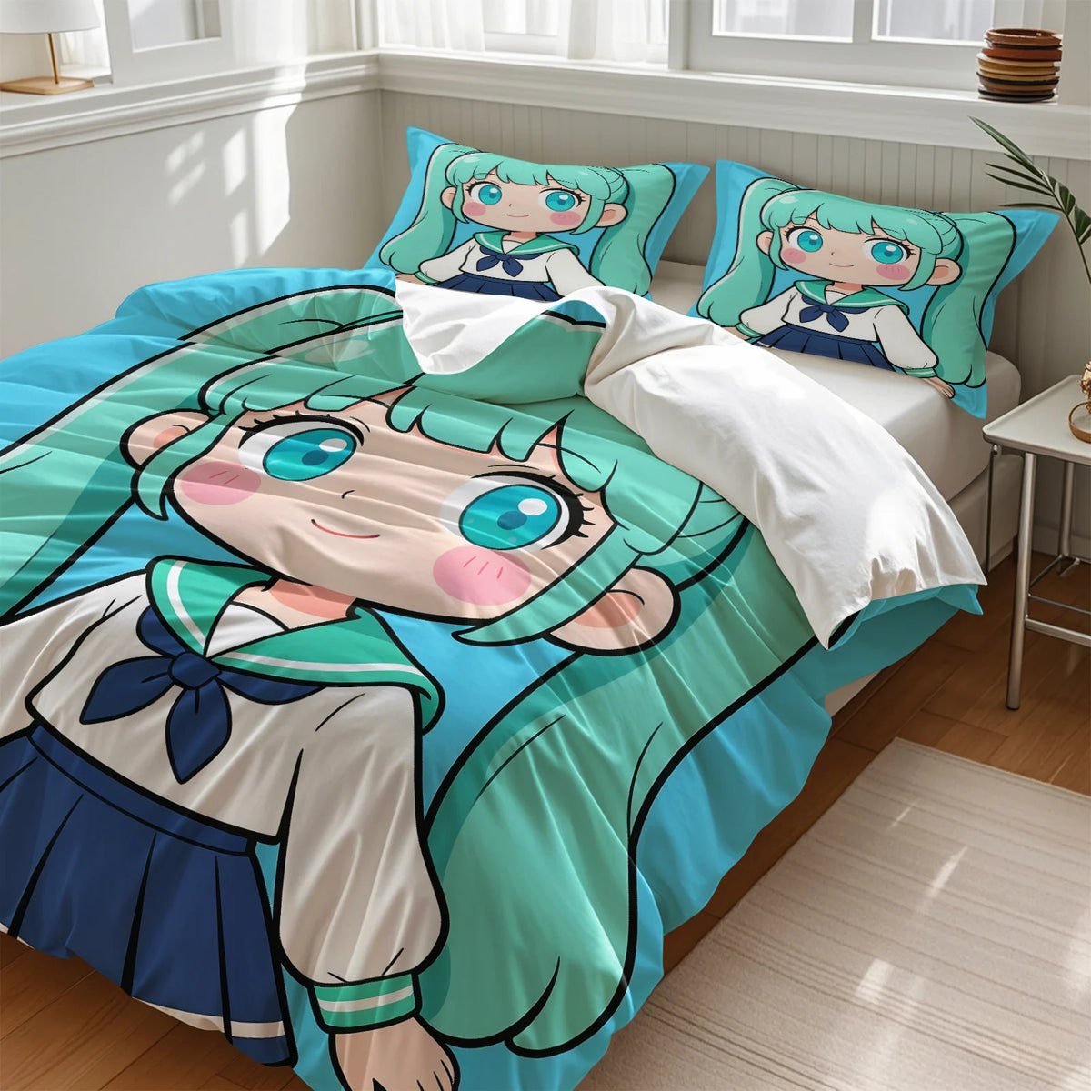 Komplet posteljnine Hatsune Miku v slogu chibi – simpatična anime posteljnina z vzglavniki za igralno sobo, dekoracija za otroško in najstniško spalnico, darilo za oboževalce