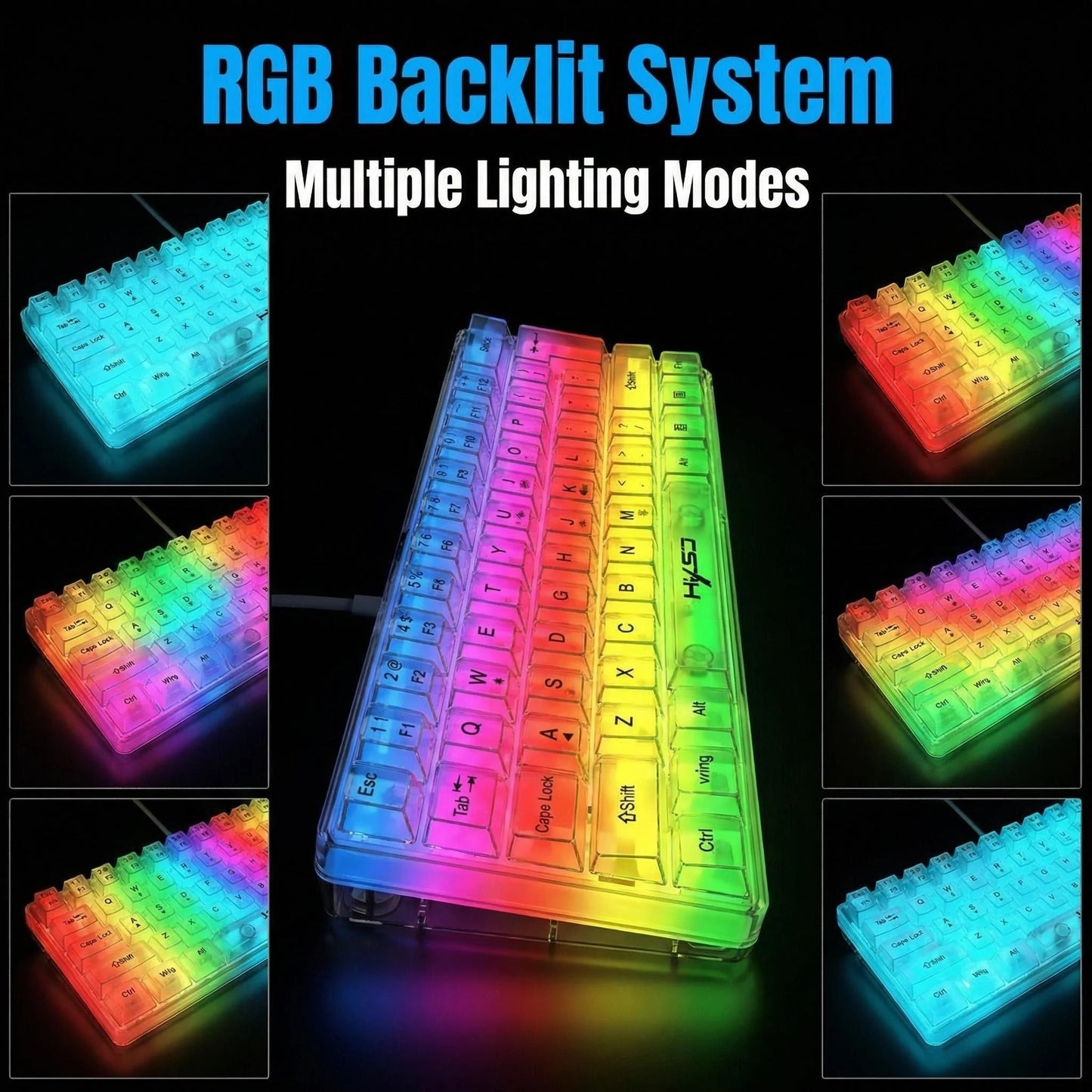61-key fully transparent wired gaming keyboard with RGB backlight, ergonomic design, portable and ultra-compact 60% mini film ke