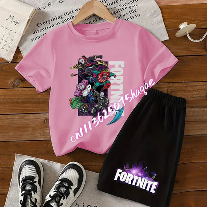 Летен комплект Fortnite с тениска и къси панталони за момчета и момичета, 2 части, детски дрехи с горнище, тениска и панталони, принт Fortress Night, подарък
