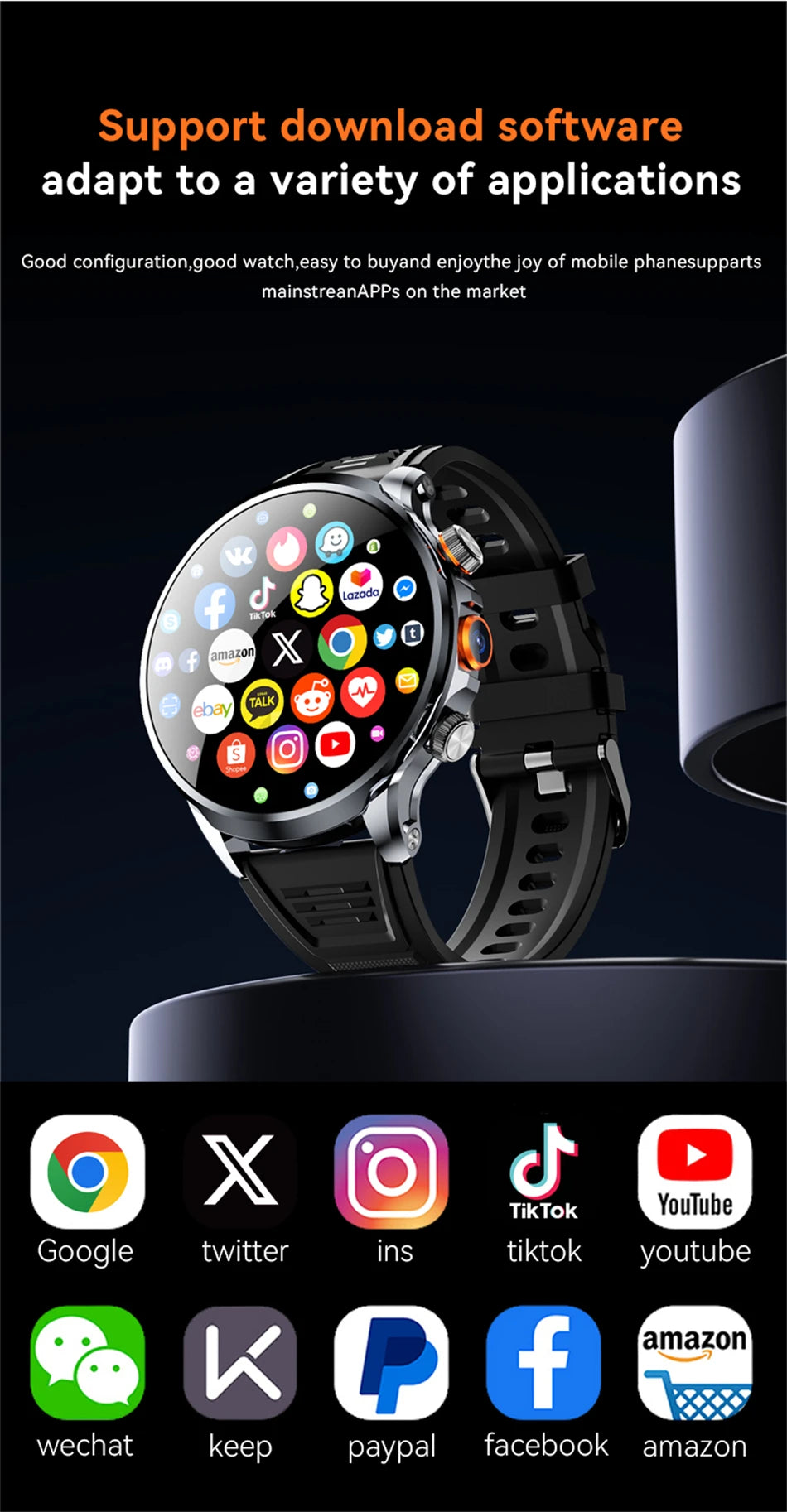 8GB+128GB RAM 5G/4G Smart Watch 1.95 inch AMOLED 1880mah Battery 500W Camera GPS WIFI Google APP Download Smartwatch Android 9.0