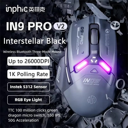 Inphic IN9PRO Wireless Gaming Mouse 26000 DPI Tri-Mode RGB Gaming Mouse, PAW3395 Sensor, Bluetooth 5.0, 2.4G & Wired, 8K Polling Rate Compatible