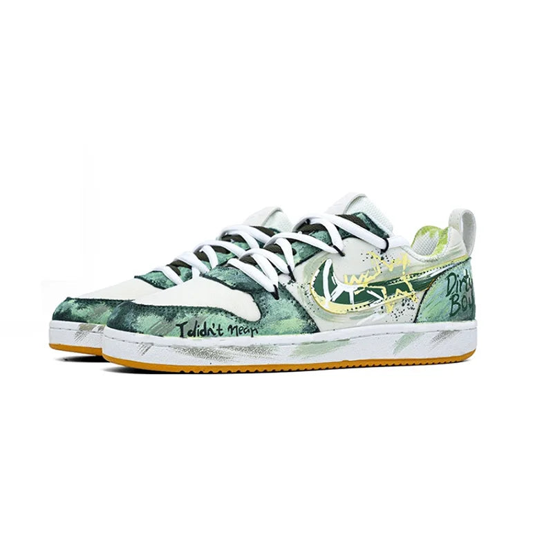 Individuell gestaltete Sneaker Nike Court Borough PRM „Party Star“ – Individuell gestaltete, dekonstruierte Graffiti-Low-Top-Skateschuhe für Herren