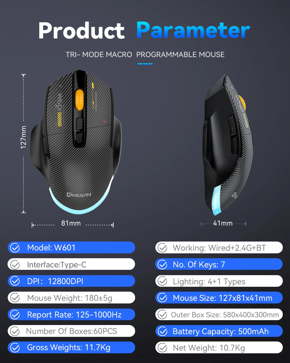 Ποντίκι gaming από ανθρακονήματα 12800DPI, 2.4G ασύρματο, Bluetooth και ενσύρματο, τριπλής λειτουργίας, αθόρυβο κουμπί, προγραμματισμός macro, 500mAh, 7 πλήκτρα