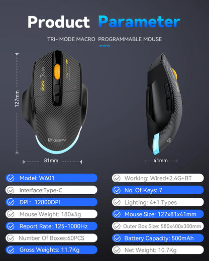 Ποντίκι gaming από ανθρακονήματα 12800DPI, 2.4G ασύρματο, Bluetooth και ενσύρματο, τριπλής λειτουργίας, αθόρυβο κουμπί, προγραμματισμός macro, 500mAh, 7 πλήκτρα