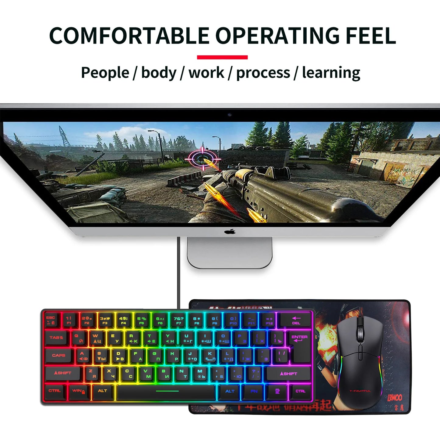 Gaming Keyboard,Russian/English RGB Backlit 61 Key Ultra-Compact Keyboard, Waterproof Mechanical Feeling Office aming Keyboards