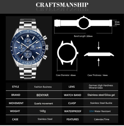 Men Watch BENYAR Top Brand Luxury Full Steel Business Quartz Watch Men Casual Waterproof Sports Watches Clock Relogio Masculino