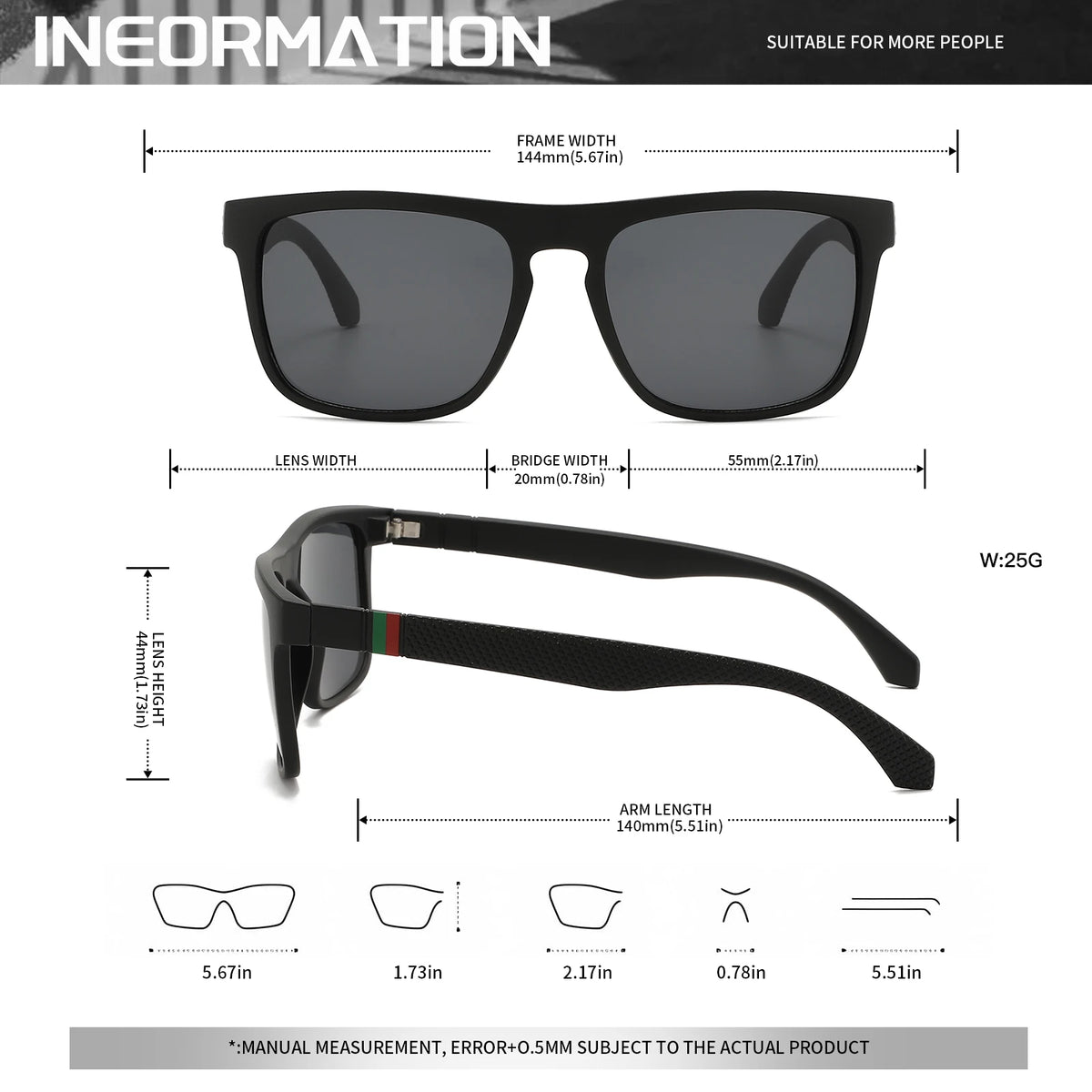 3PCS Classic Retro Polarized Square Sunglasses - Red/Green Stripe Temples, UV400 Unisex for Daily, Outdoor, Fishing & Driving