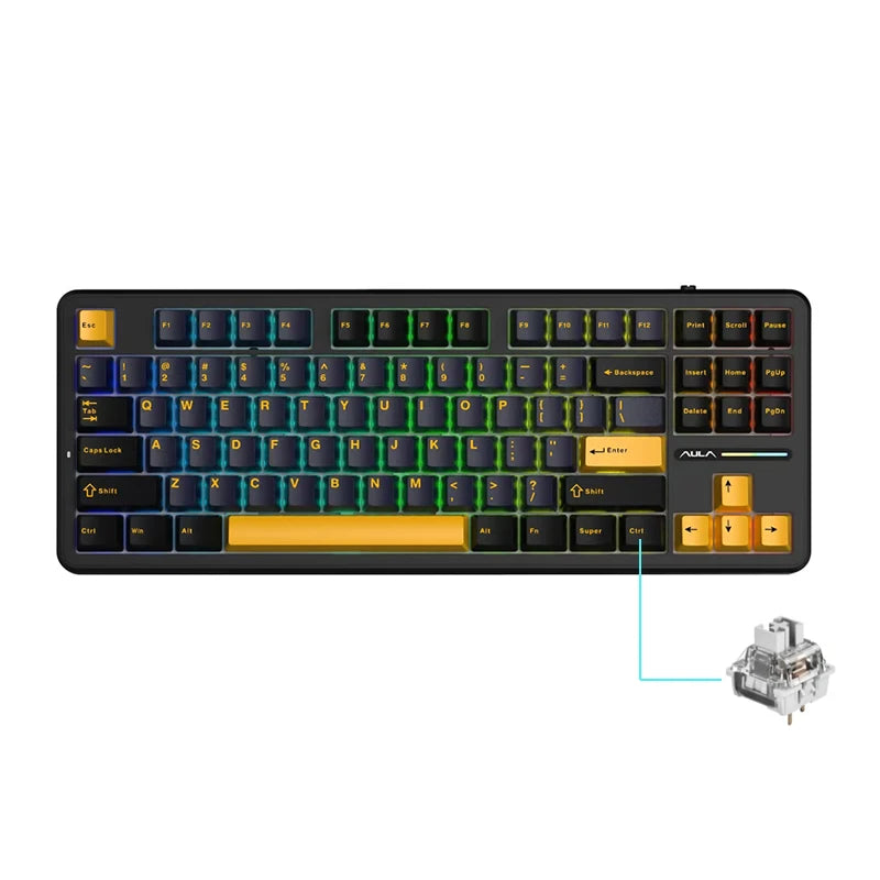 Teclado mecánico AULA F87 Pro 2.4g/USB/Bluetooth inalámbrico trimodo de 87 teclas, RGB, PBT, gasket, 5 capas de amortiguación, teclas completas sin impacto