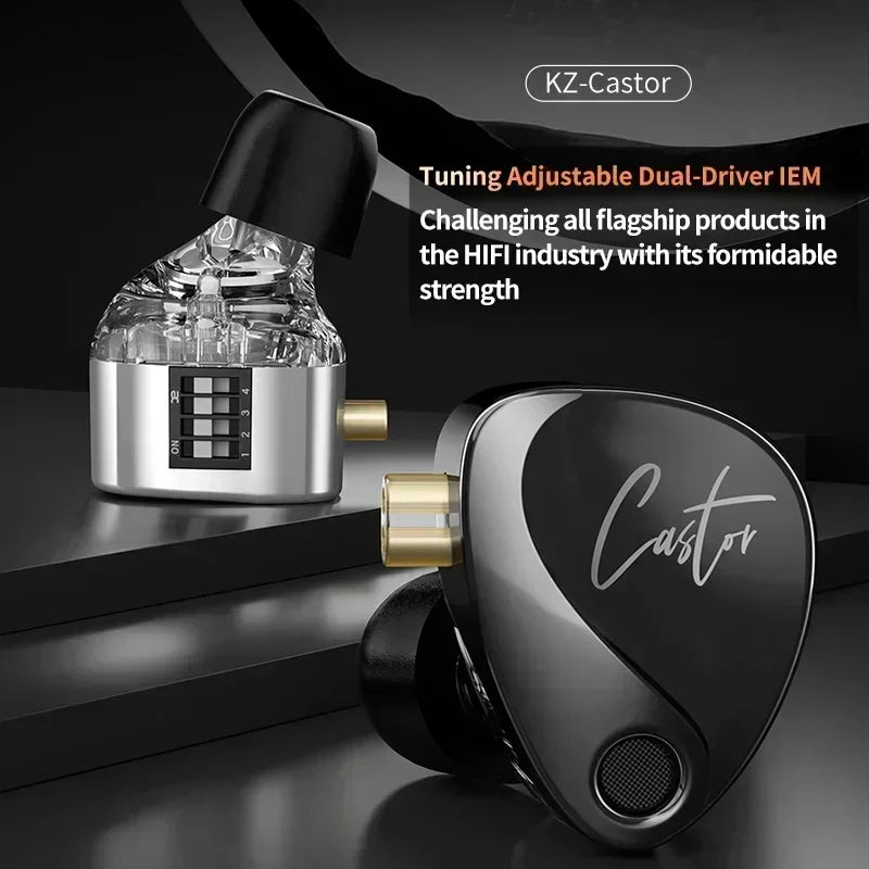 KZ Castor Wired Earbuds HiFi Bass Earphones with Dual Dynamic Drivers, Tunable Balanced Armature In-Ear Headphones, High Resolution Audio Earbuds