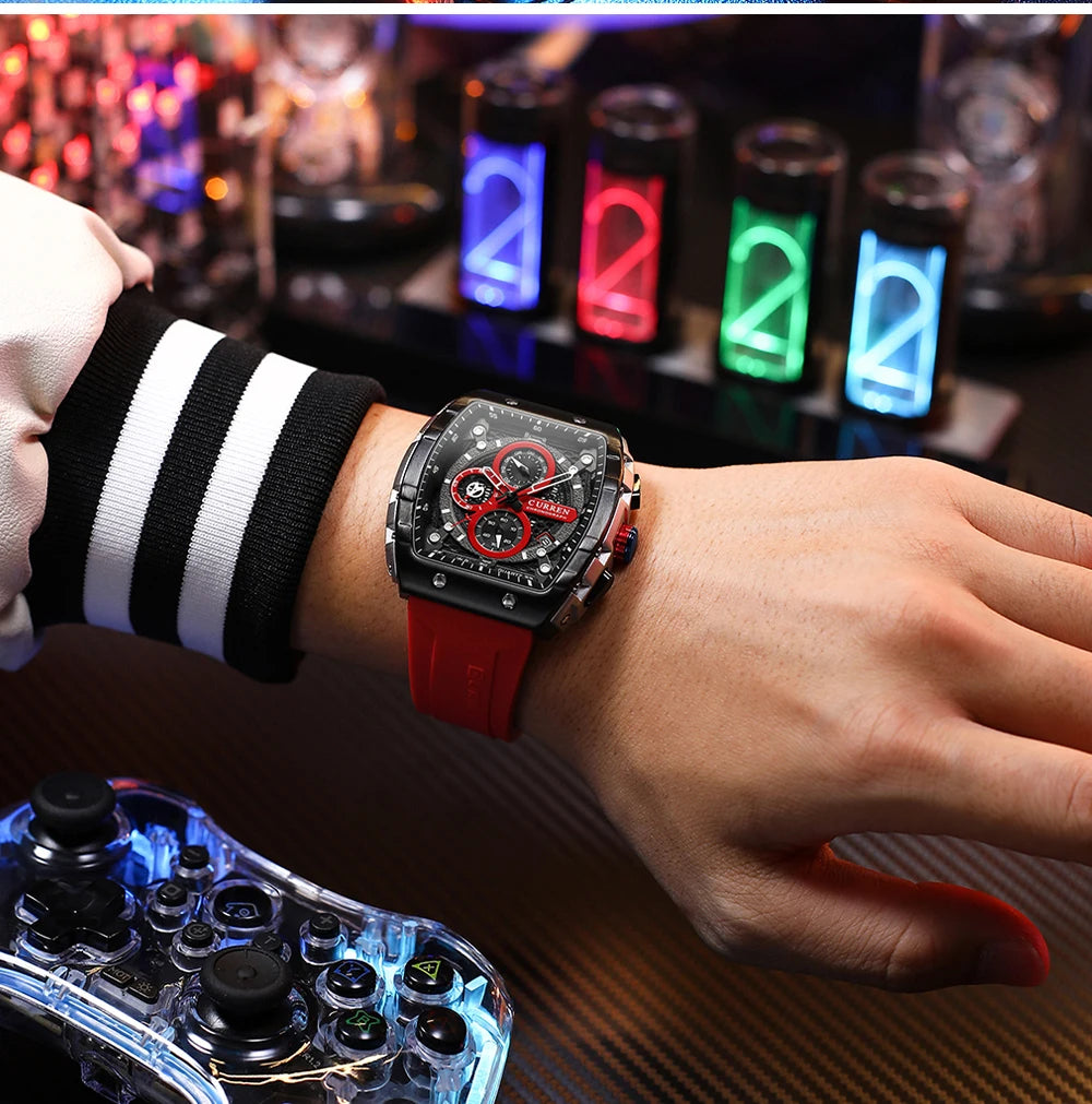 CURREN Tonneau Dial Sport Watch for Men Fashion Waterproof Quartz Wristwatch with Auto Date Yellow Silicone Strap Luminous