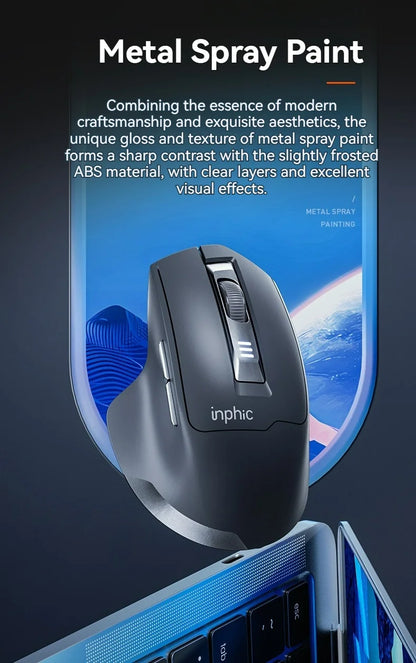 Brezžična miška Inphic M9 z 2.4G USB-sprejemnikom, polnilna prek Type-C, tihimi gumbi, prikazom napolnjenosti in ergonomsko zasnovo – univerzalna pisarniška miška