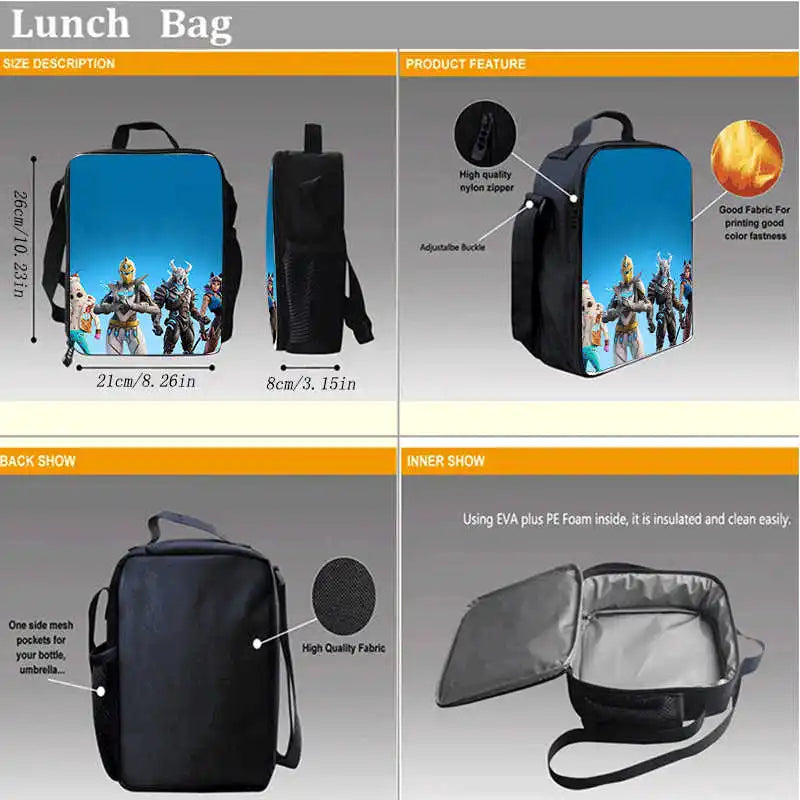 Lunch Bags for Children, Cartoon Fortnite School Picnic Bags for Girls and Boys, Kids Insulated Cooler Lunch Bags Portable Lightweight