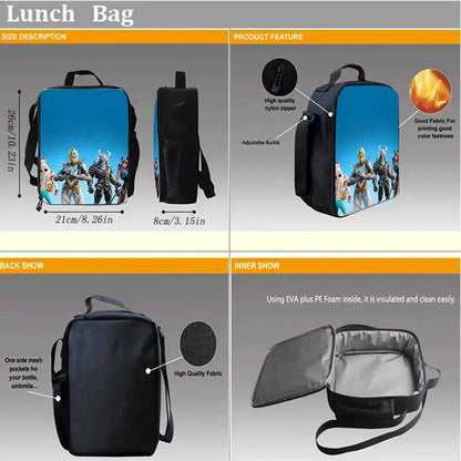Lunch Bags for Children, Cartoon Fortnite School Picnic Bags for Girls and Boys, Kids Insulated Cooler Lunch Bags Portable Lightweight