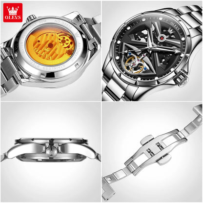 Montre pour homme OLEVS 6655, modèle squelette entièrement automatique; montre-bracelet mécanique de luxe, lumineuse et étanche.