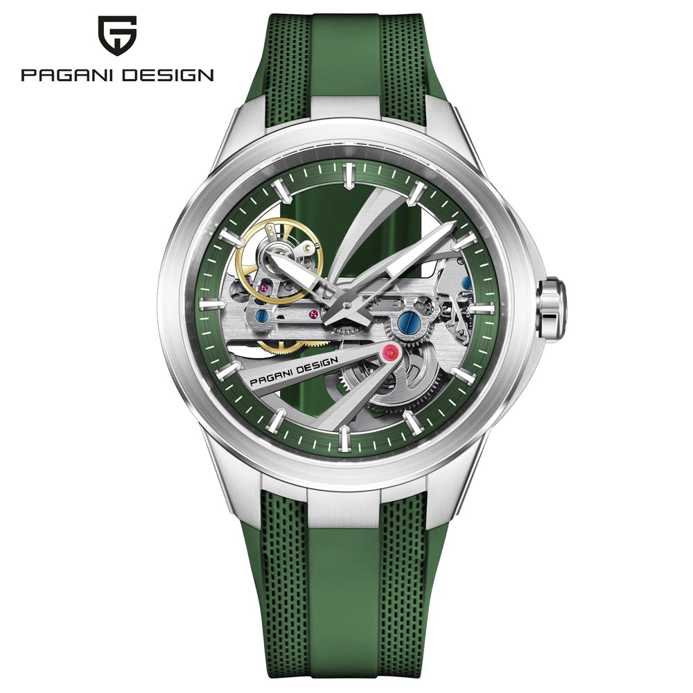 PAGANI DESIGN -miestenkello – Mekaaninen automaattinen luksusmalli, ”skelettityyppinen” (avoin rakenne), varustettu tourbillon-mekanismilla, heijastamattomalla safiirilasilla, vesitiivis ja valoa heijastava.