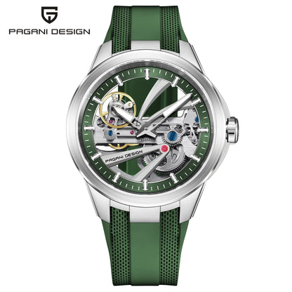 PAGANI DESIGN -miestenkello – Mekaaninen automaattinen luksusmalli, ”skelettityyppinen” (avoin rakenne), varustettu tourbillon-mekanismilla, heijastamattomalla safiirilasilla, vesitiivis ja valoa heijastava.