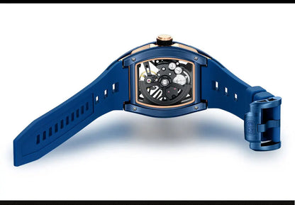 MINI FOCUS Herren-Armbanduhr, modisch, schwarz, wasserdicht, automatische mechanische Uhr mit Leuchtzeigern, Silikonarmband und Tonneau-Zifferblatt