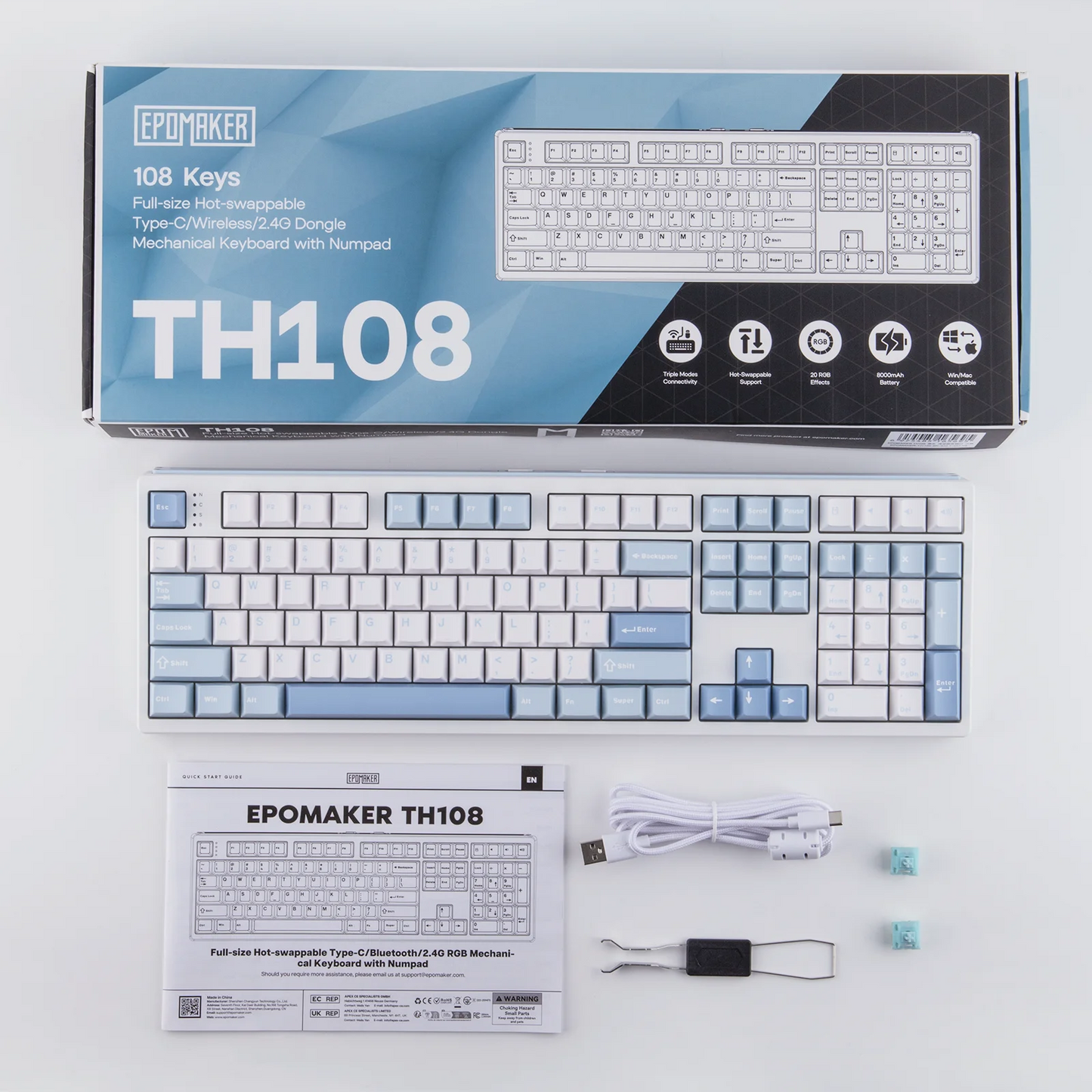 EPOMAKER TH108 100% Full Size Hot-Swap Gasket-Mounted Wired/Bluetooth/2.4Ghz Wireless Mechanical Keyboard with 10000mAh Battery